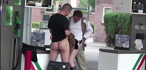  Very pregnant woman is fucked in public sex threesome orgy at a gas station